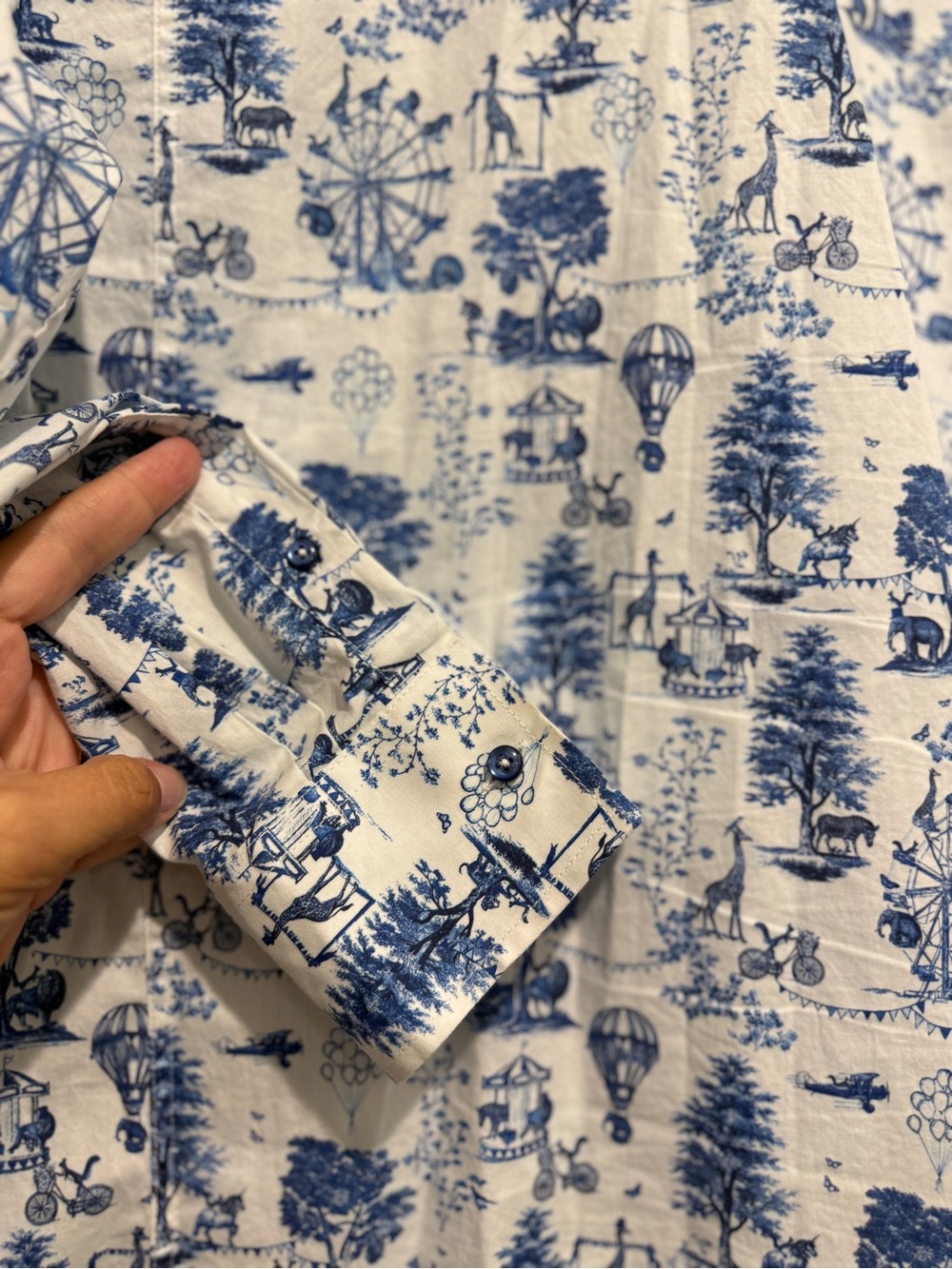 Men's White Animal Menagerie Button-Down Shirt with Blue Scenic Print